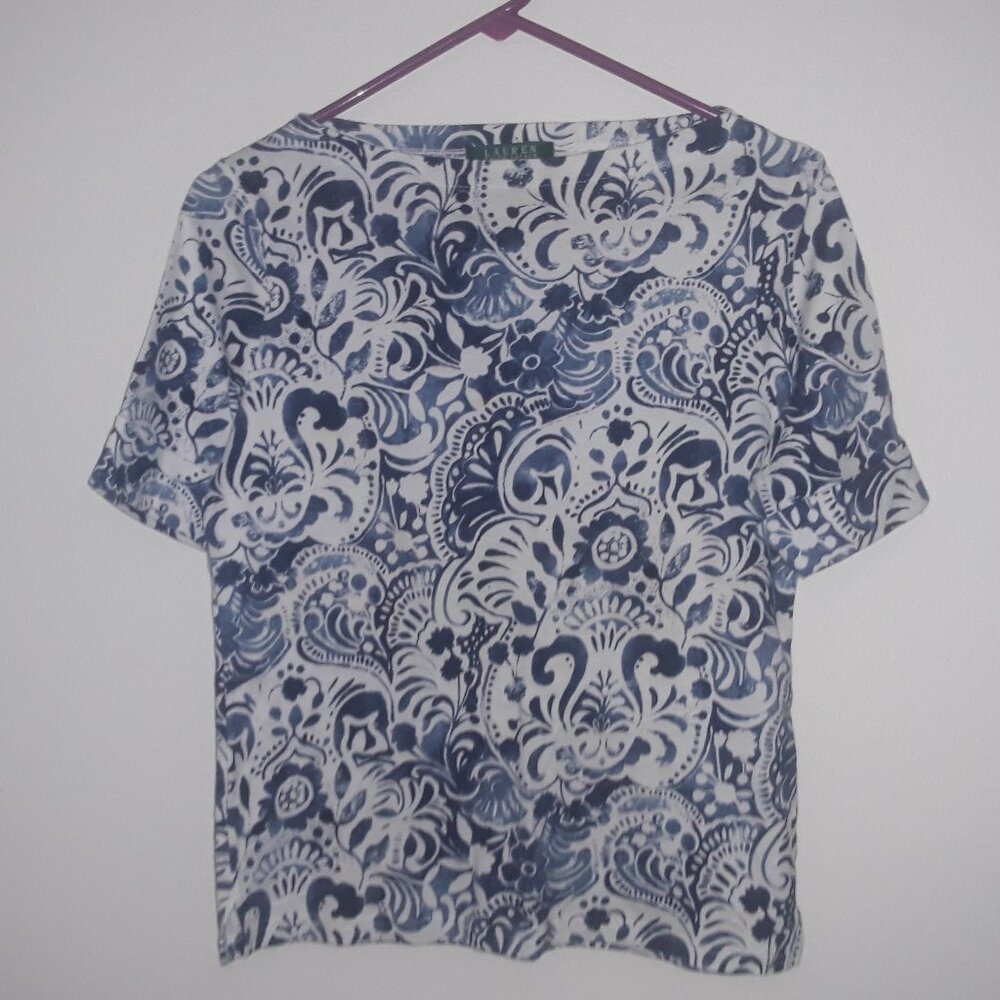 Lauren Petite P-LG purple and white patterned t-shirt.